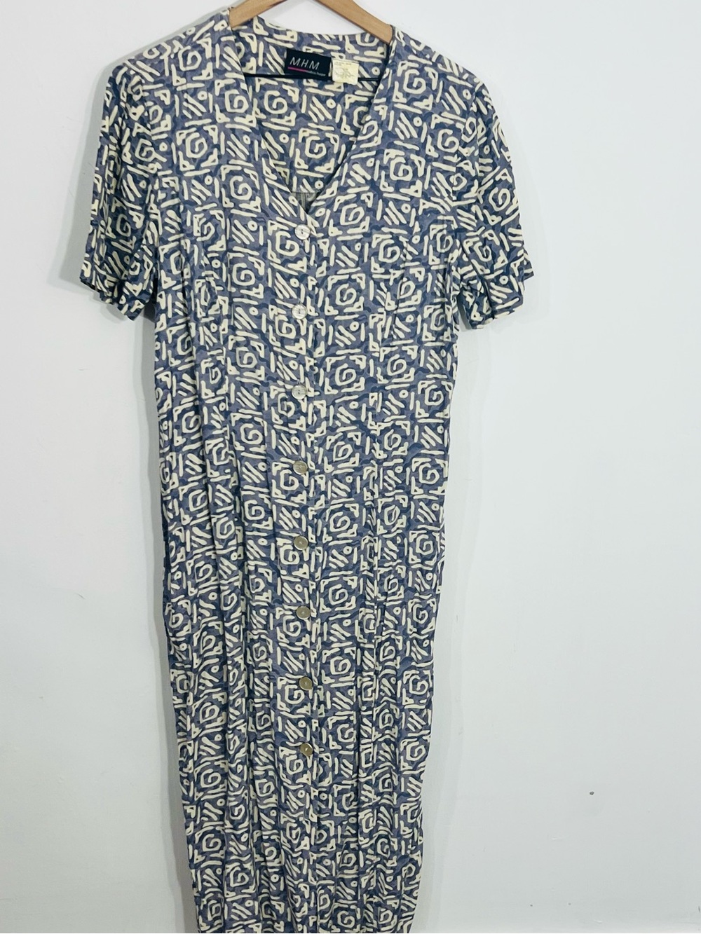 M.H.M. Vintage Maxi Button Front Dress Boho Teacher Abstract Scribbles Print